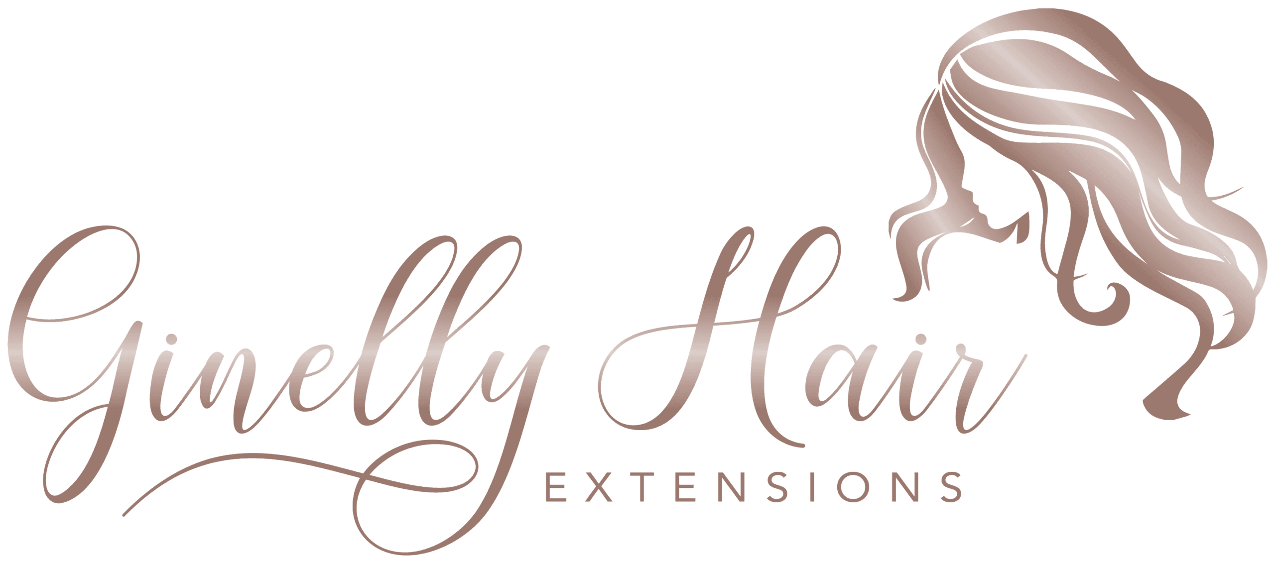 Das Logo für Ginelly Hair Extensions zeigt einen stilisierten Frauenkopf und wallendes Haar neben elegantem Schreibschrifttext und fängt die Essenz der Schönheit von Ginelly-Haar ein.