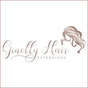 Logo für Ginely Hair Extensions mit eleganter Schrift, der Silhouette welligen Frauenhaars und dem dezent eingefügten Produktnamen „Gutschein 10,00 €“ für zusätzliche Attraktivität.